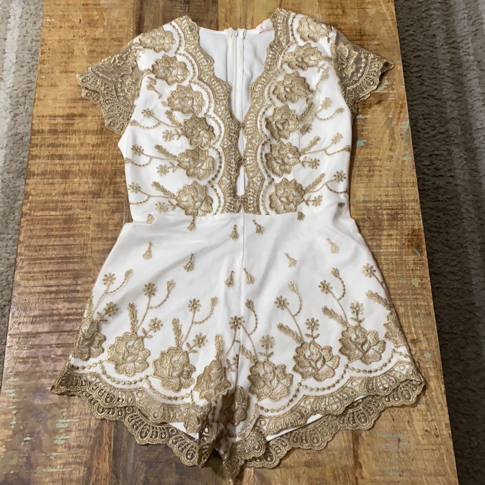 a'gaci White and Gold Lace Romper